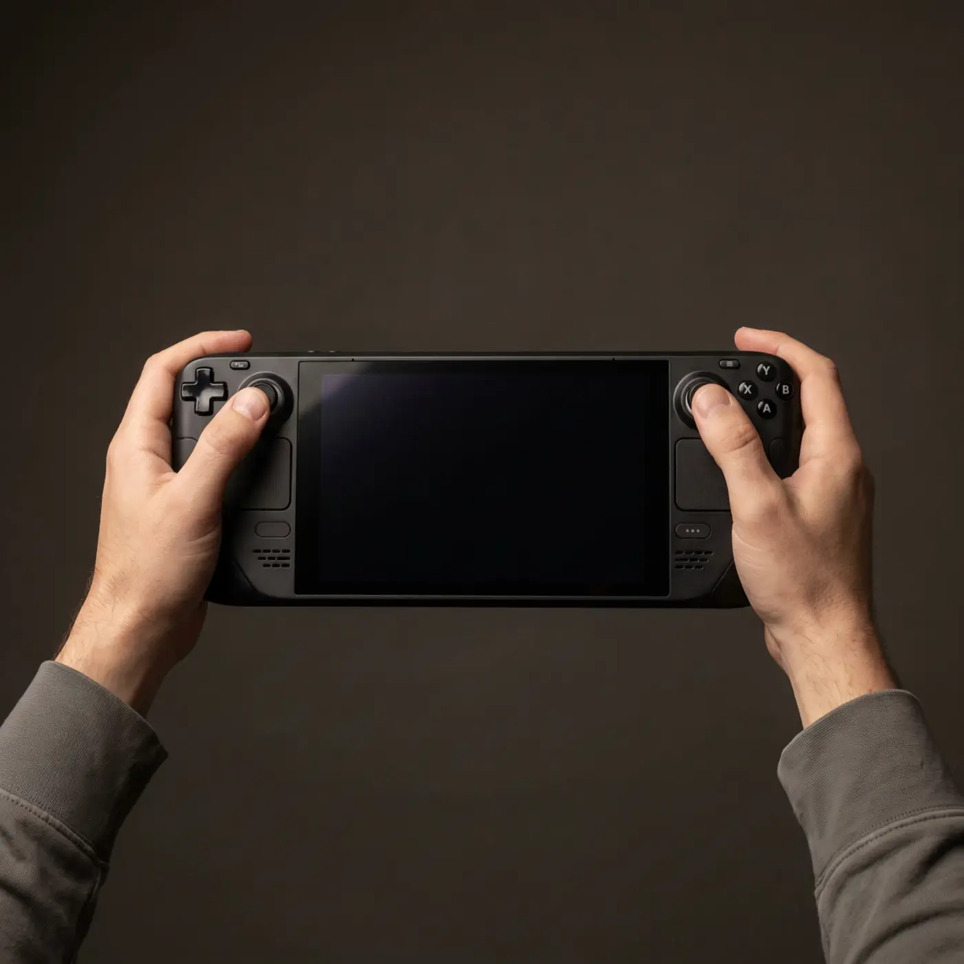 Zwei Hände halten ein schwarzes Handheld frontal vor dunklem Grund, das Gerät ist geschlossen und der Bildschirm aus. (KI-generiert)