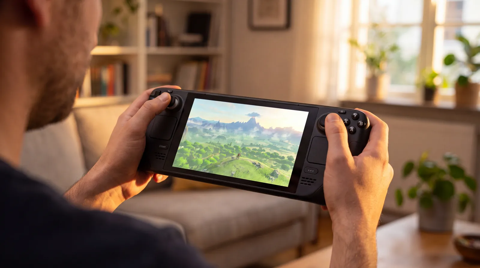 Zwei Hände halten ein Handheld, über die Schulter gesehen, der Bildschirm leuchtet warm und unscharf in einem abendlichen Wohnzimmer. (KI-generiert)
